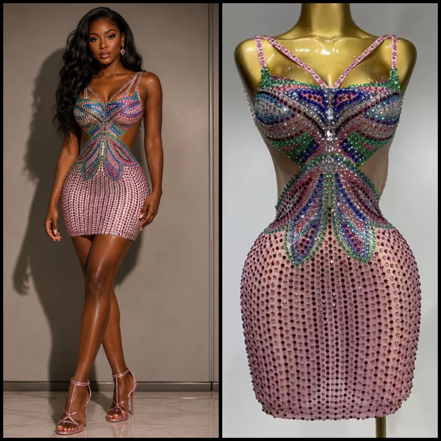 Sexy Sleeveless Multicolored Rhinestone See Through Dress