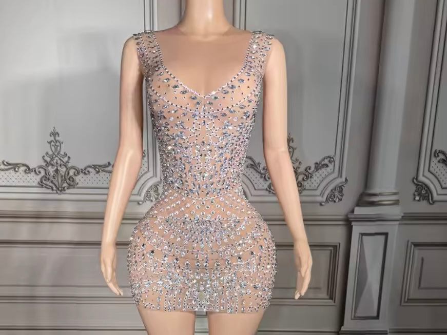 Sexy Sleeveless See Through Rhinestone Embellishment Dress
