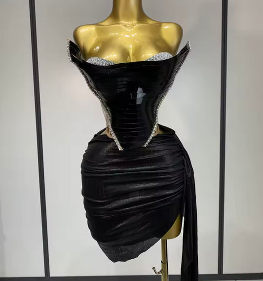 Color Rhinestone Strapless Corset Two Piece PU Tassel Skirt Set