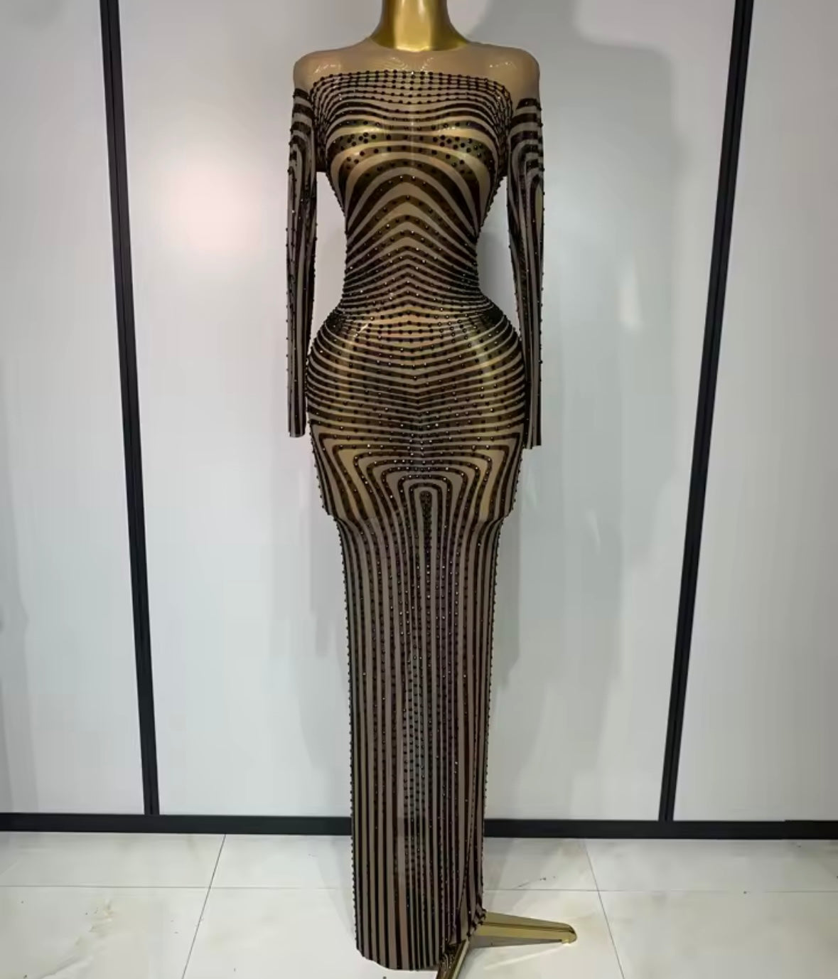 Sexy Rhinestone Striped Full Sleeve Maxi Dress