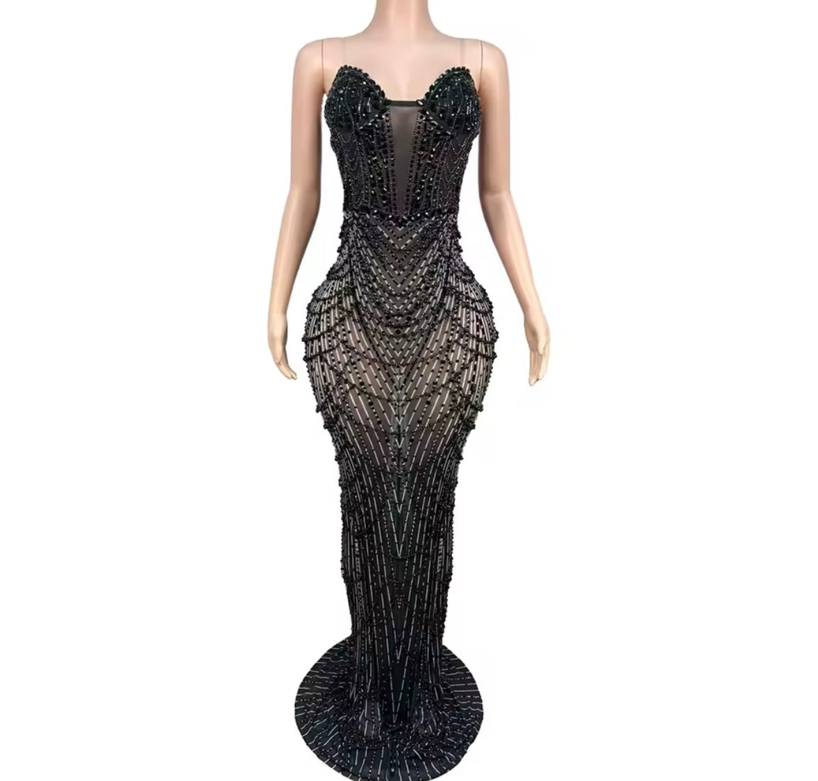 Black Sexy Strapless Beaded Crystal Floor-Length Dress