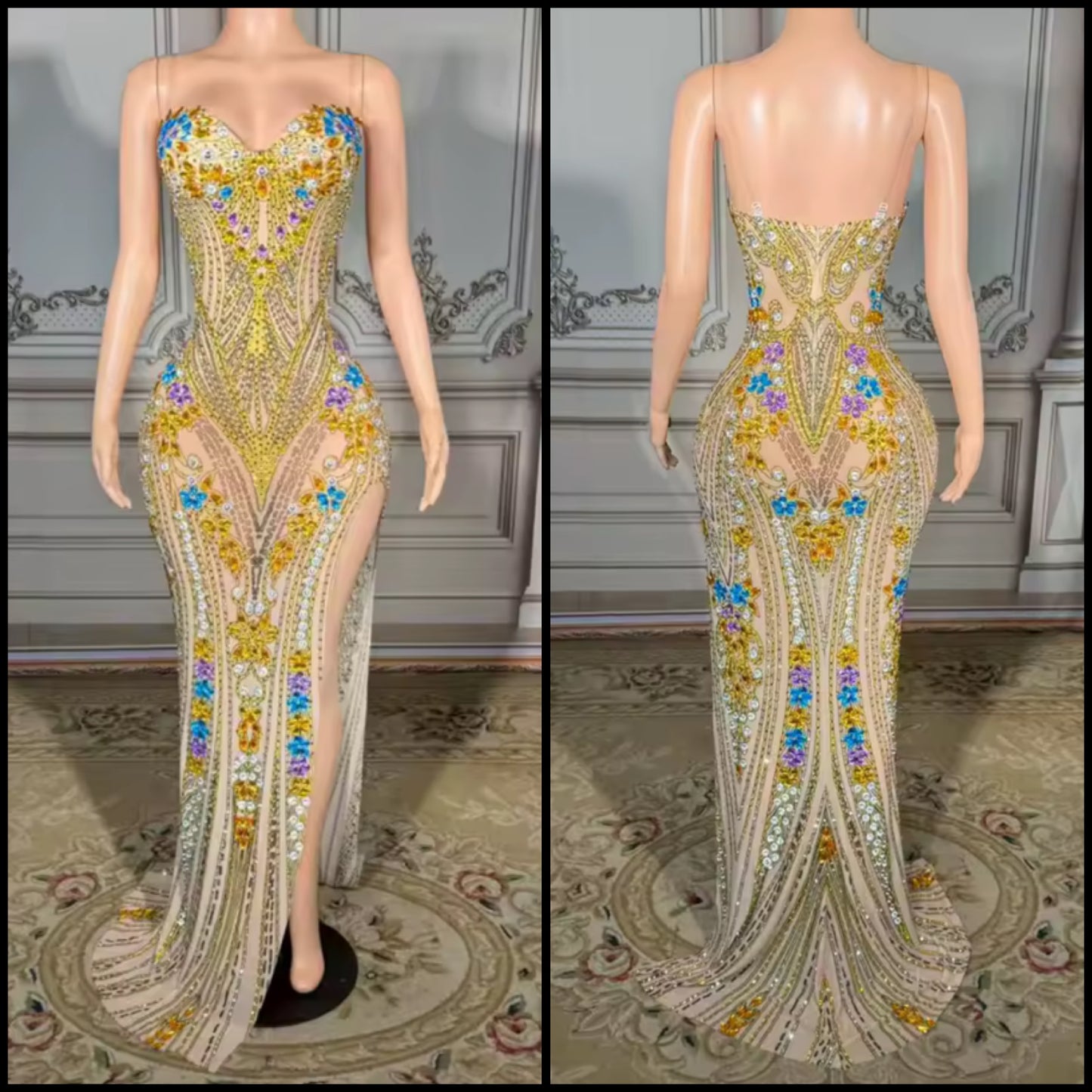 Sexy Gold Sleeveless Crystal Rhinestone Floor-Length Dress