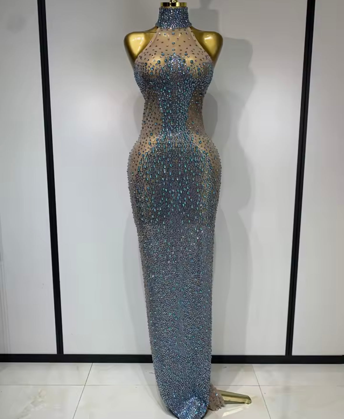 Sexy Sparkly Rhinestone Halter Sleeveless Maxi Dress