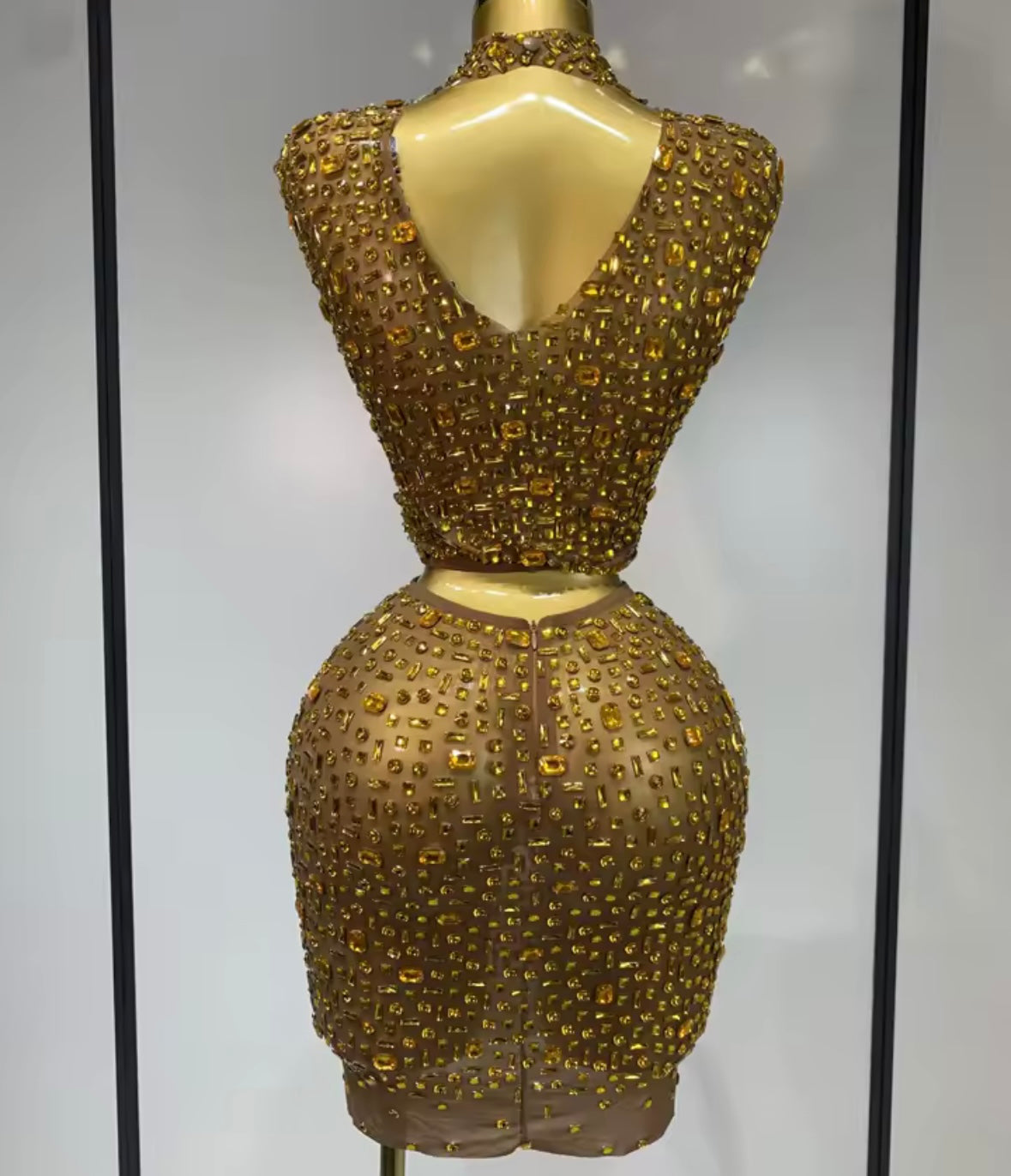Sexy Crystal Sleeveless Mesh Two Piece Skirt Set