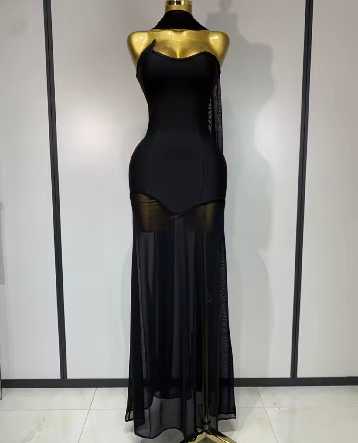 Scarf Strapless Mesh Patchwork Sexy Floor-Length Dress