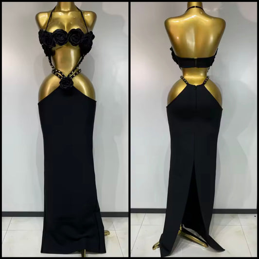 Black Sexy Halter Sleeveless Floral Hollow Out Maxi Dress
