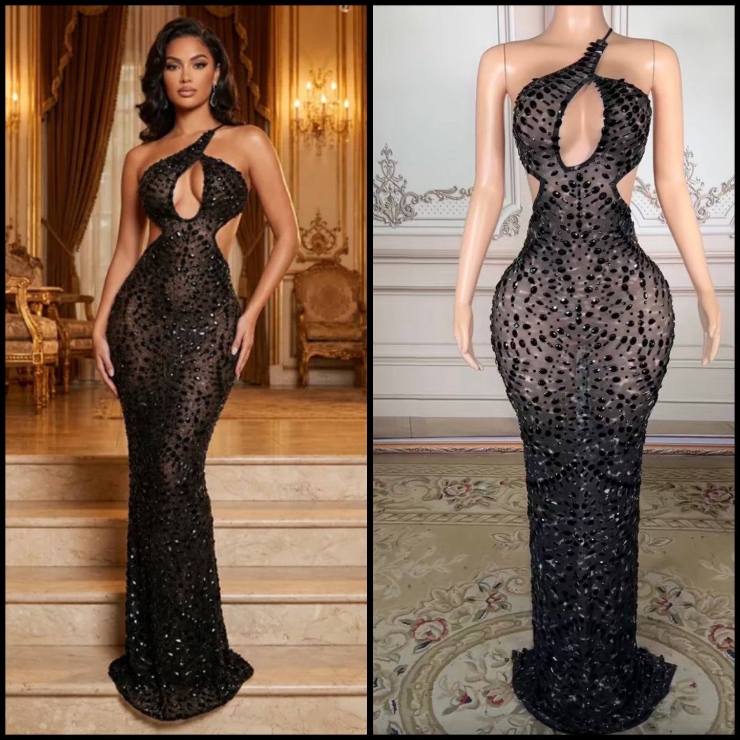 Sexy Black Sleeveless Open Back Crystal Floor-Length Dress