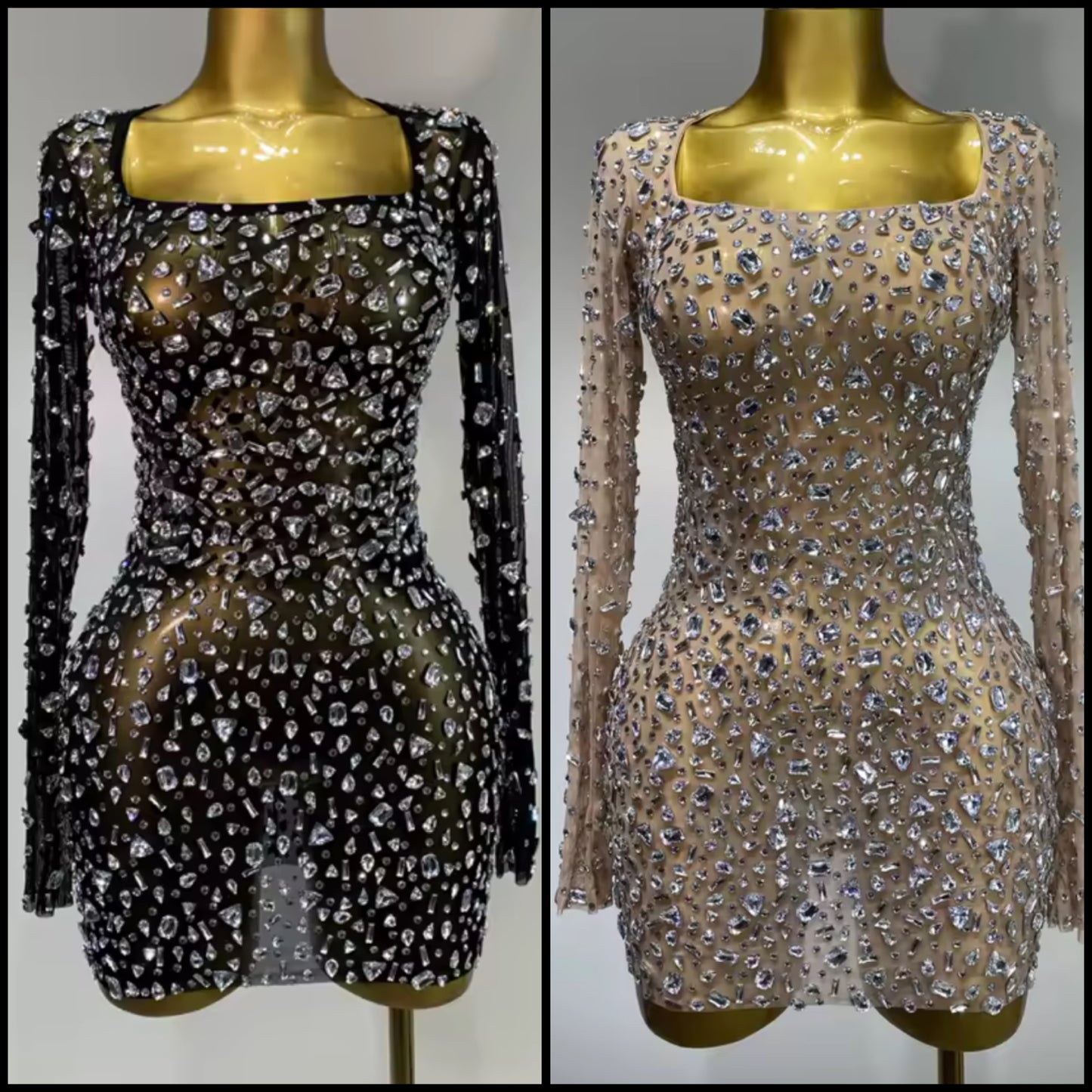 Sexy See Through Crystal Full Sleeve Short Dress