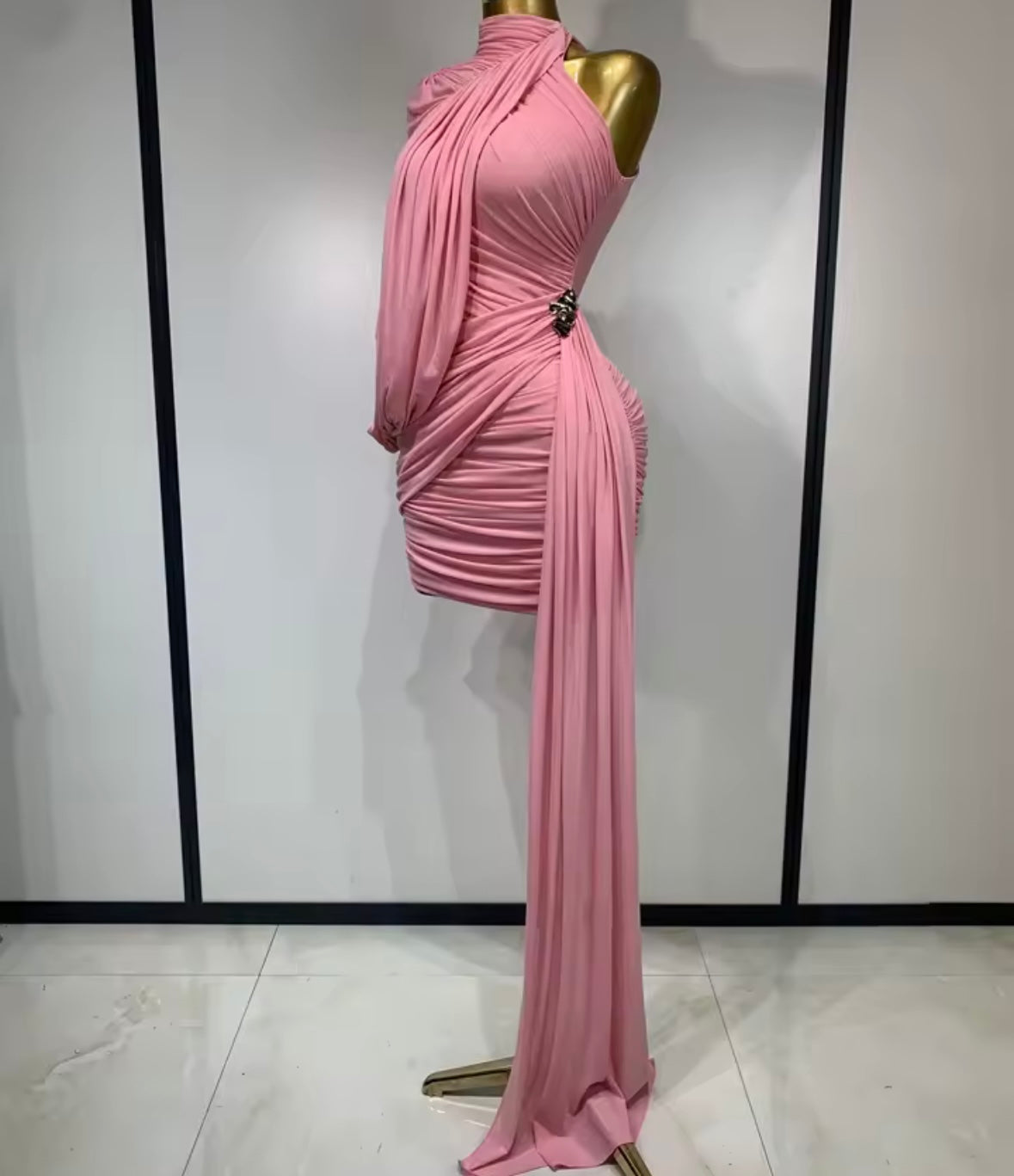 Pink Sexy Sleeveless Draped Ruched Dress
