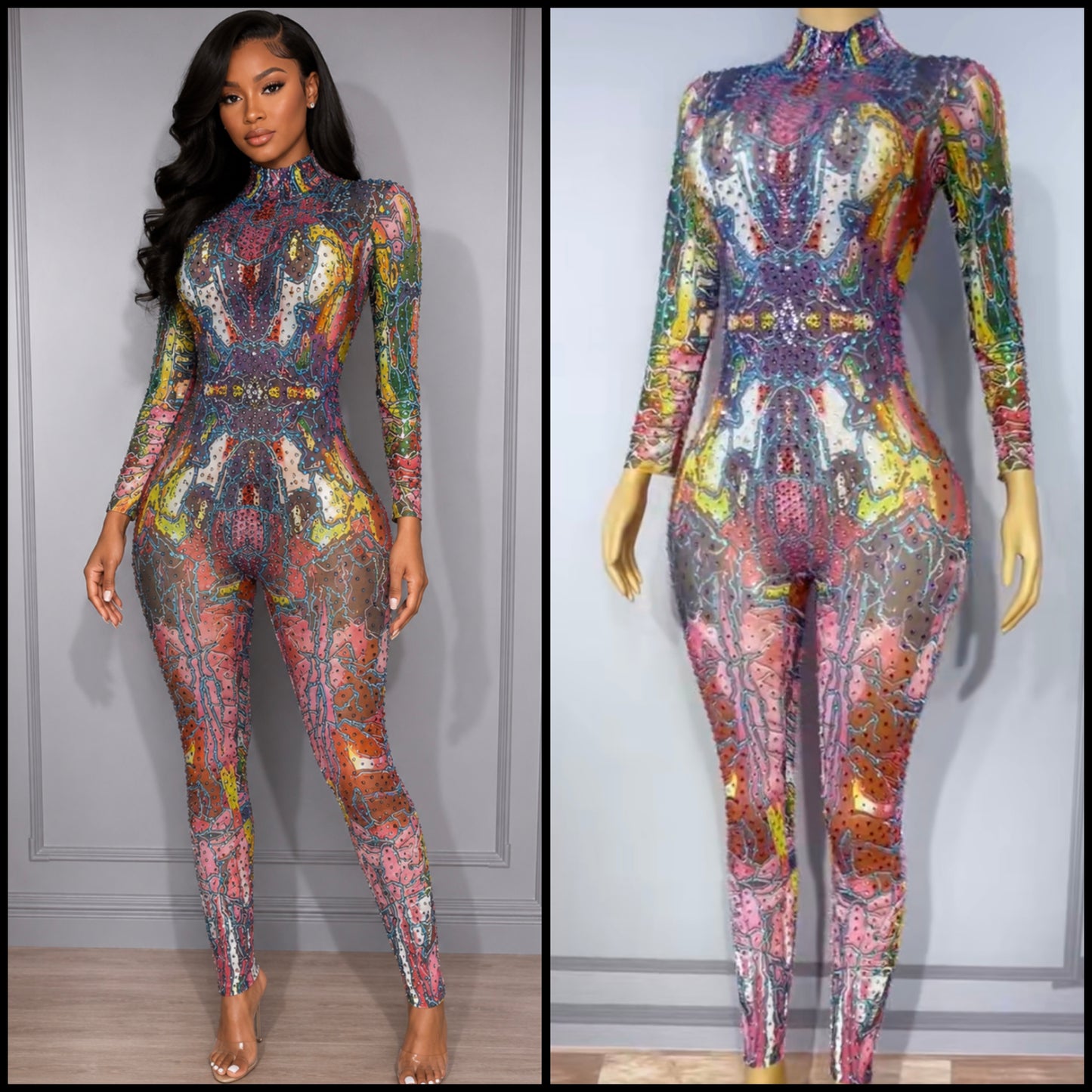 Multicolored Rhinestone Full Sleeve Jumpsuit