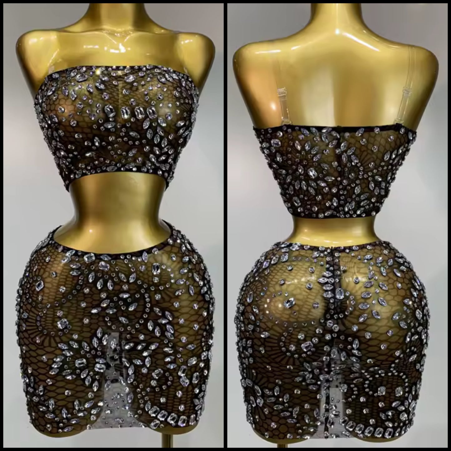 Sexy Strapless Rhinestone Crop See Through Skirt Set