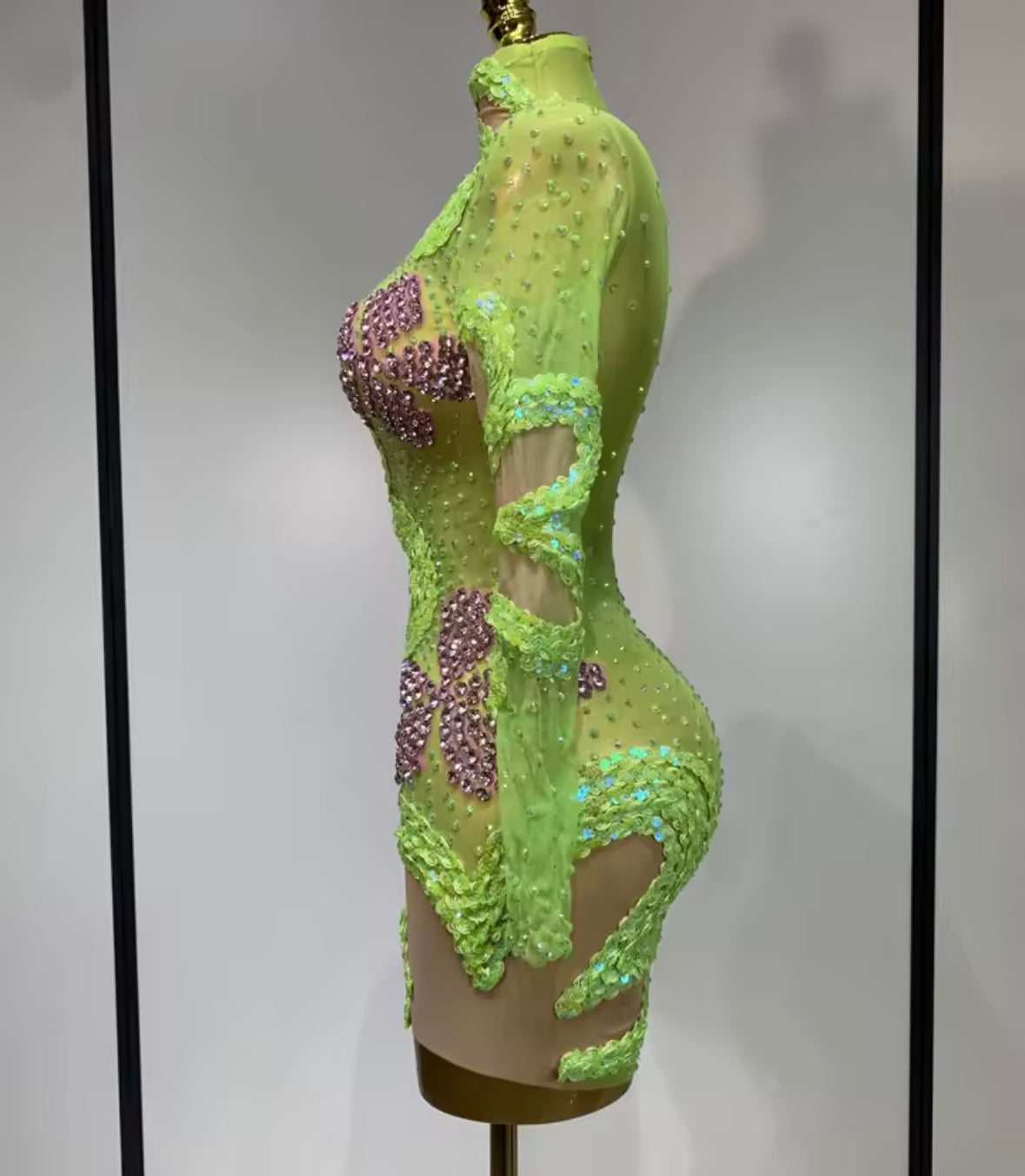 Sexy Green Sequins Rhinestone Full Sleeve Dress