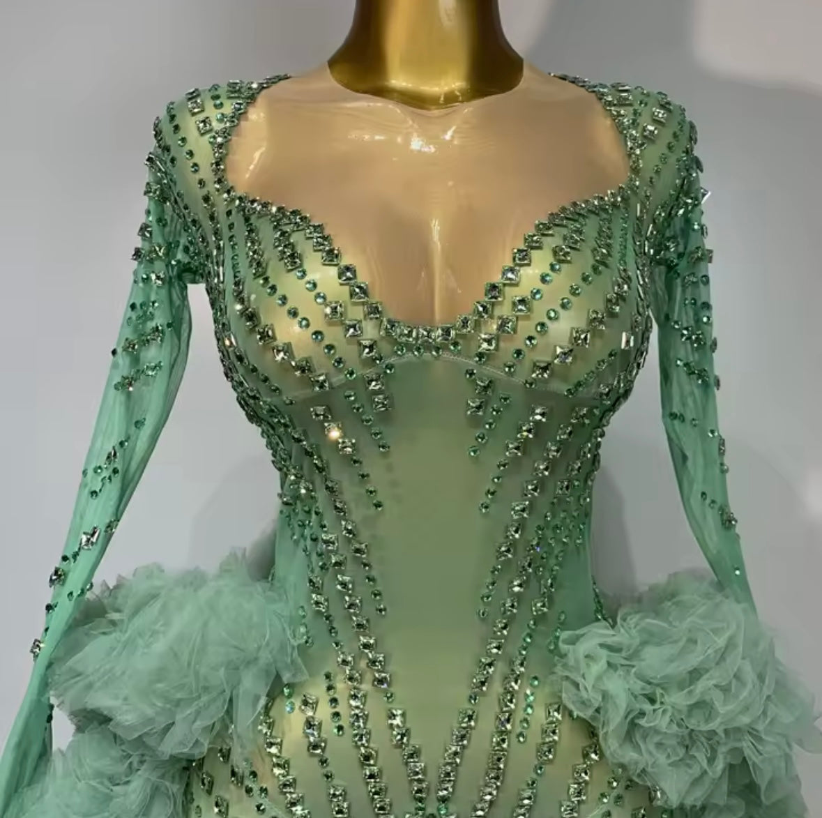 Green See Through Rhinestone Ruffle Full Sleeve Jumpsuit