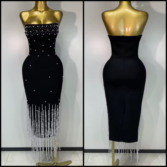 Black Strapless Elegant Pearl Rhinestone Tassel Dress