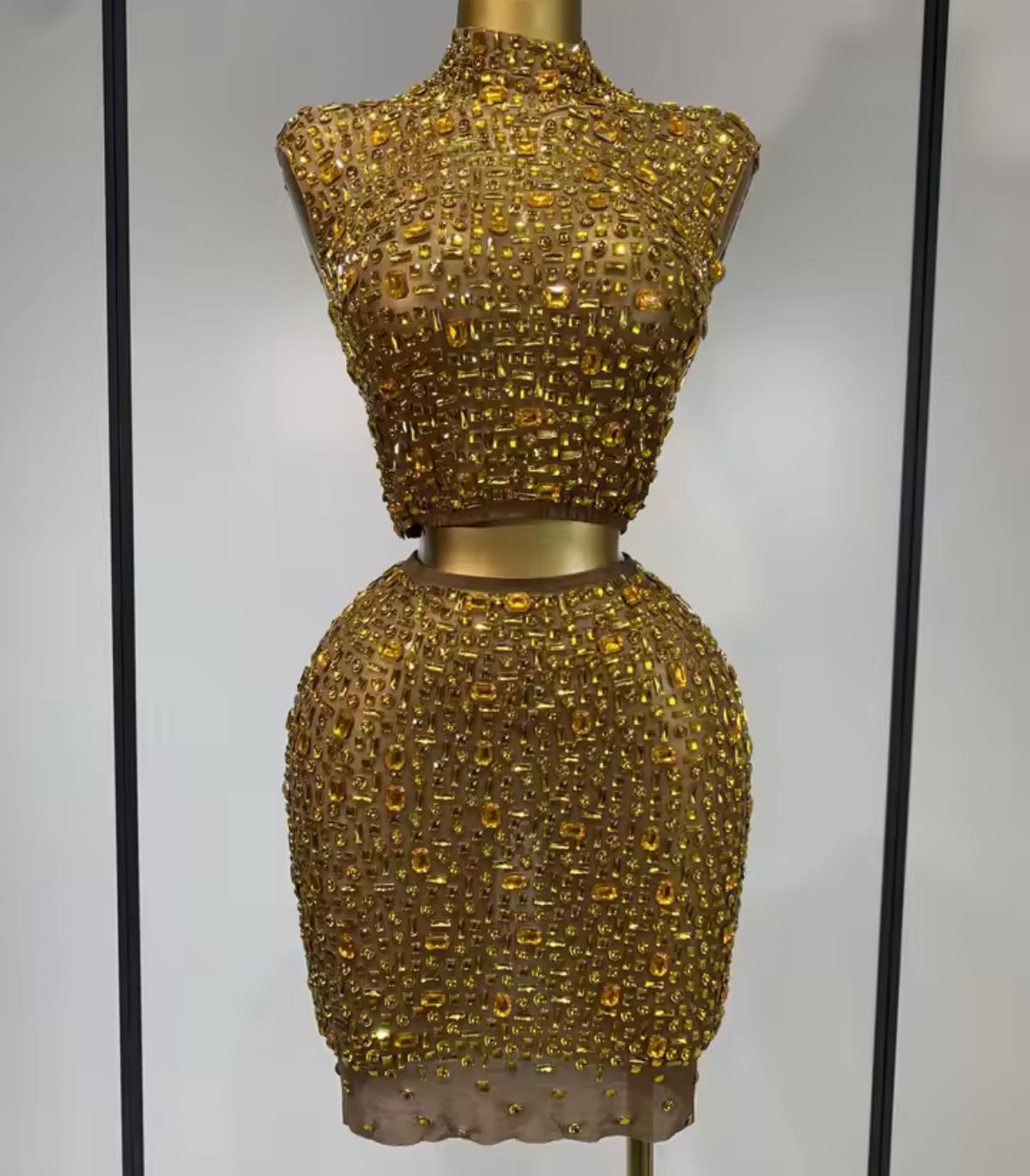 Sexy Sleeveless Crystal Crop Skirt Set