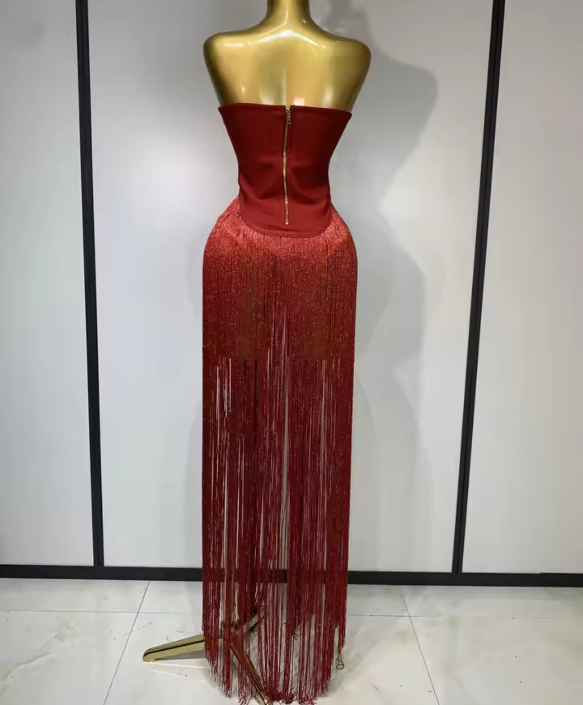 Sexy Strapless Fringe Tassel Maxi Dress