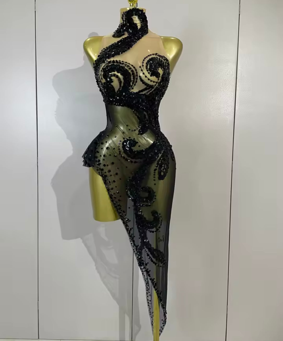 Black Sexy Sleeveless Sequins Rhinestone Asymmetrical Dress