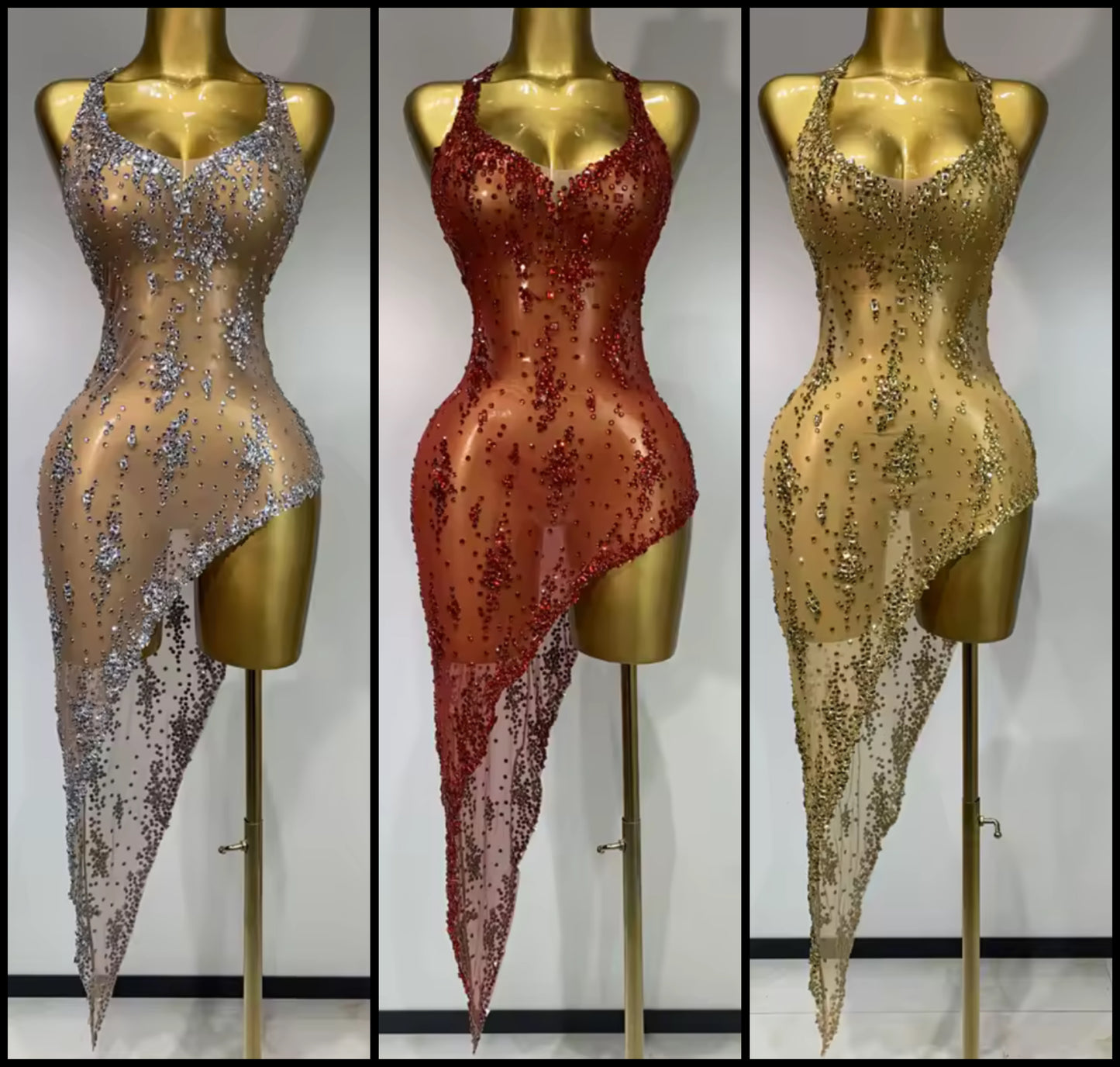 Sexy Sleeveless See Through Rhinestone Asymmetrical Dress