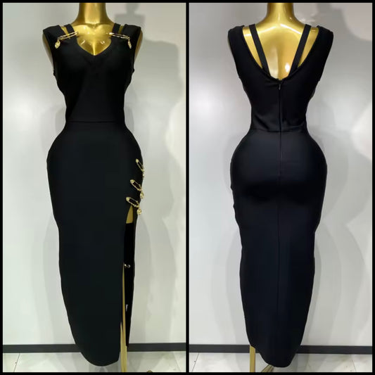 Elegant Black Sleeveless Pin Side Split Bandage Maxi Dress