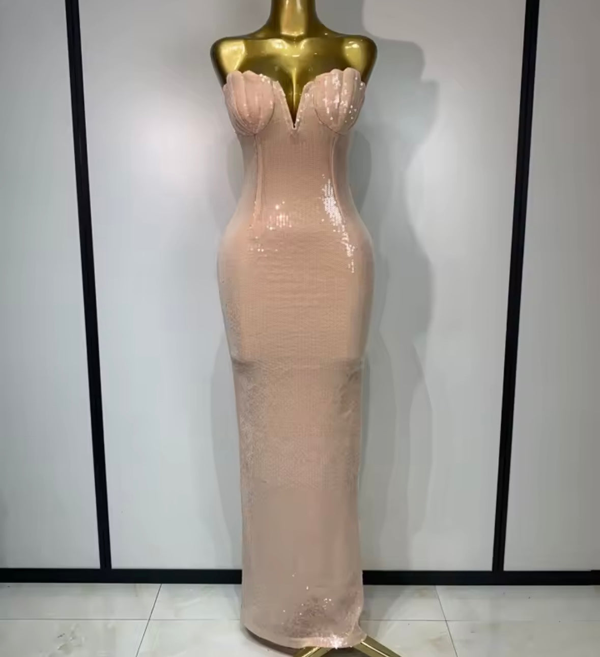 Sexy Pink Sequins Strapless Floor-Length Dress