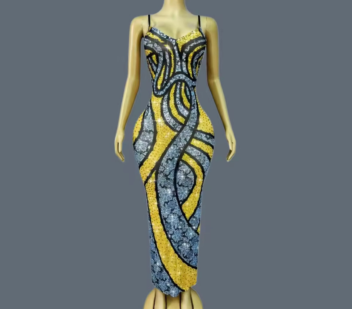 Sparkly Rhinestone Sleeveless Printed Maxi Dress