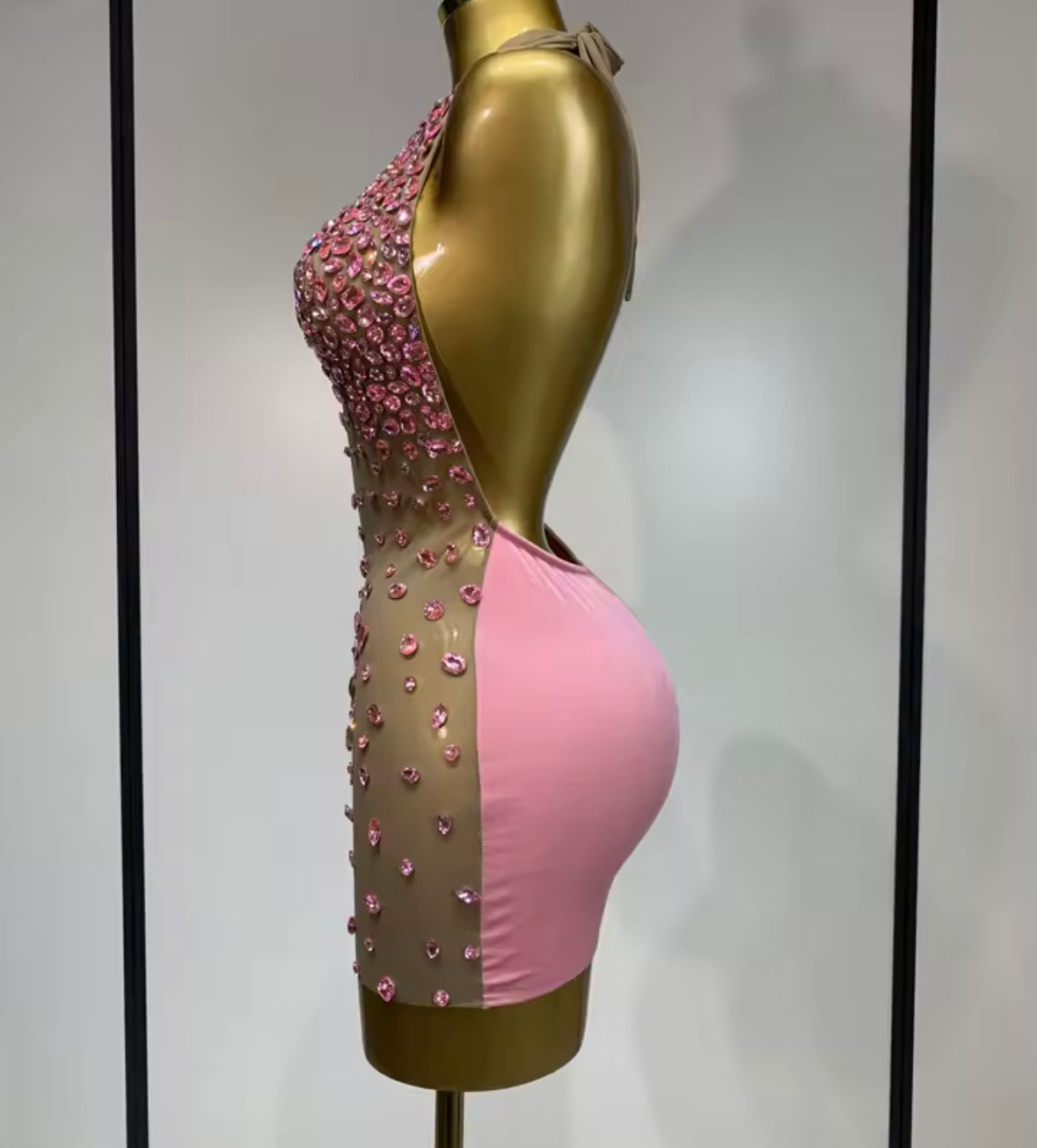 Sexy Halter Open Back Color Crystal See Through Dress