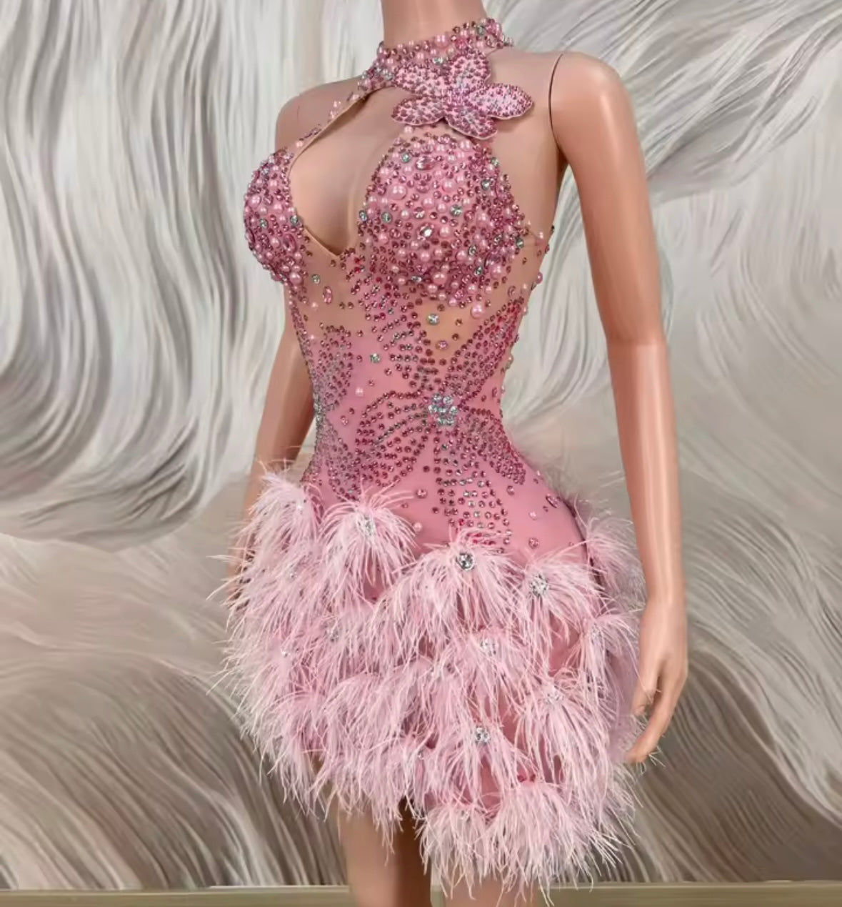 Sexy Pink Sleeveless Beaded Rhinestone Feather Dress
