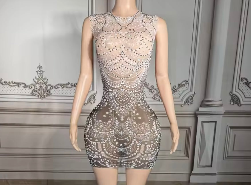 Sexy Sleeveless Gradient See Through Rhinestone Dress