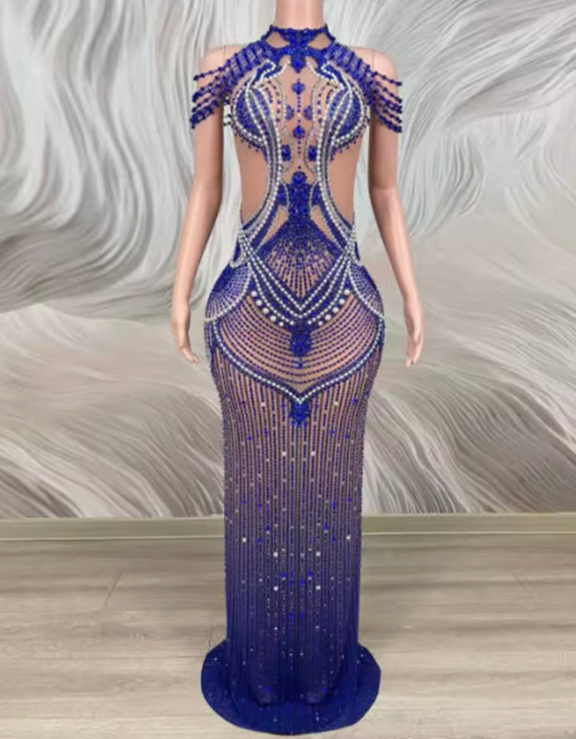 Blue Sexy Sleeveless Rhinestone See Through Maxi Dress