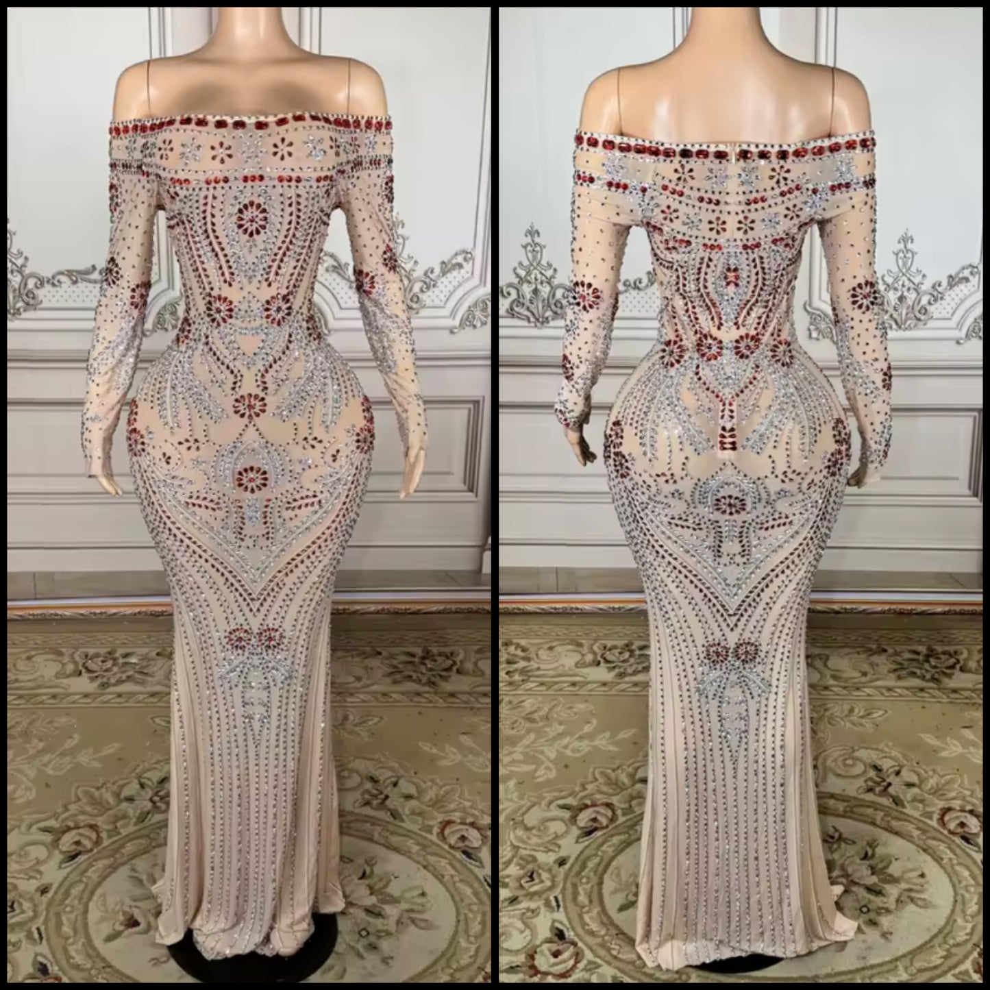 Sexy Rhinestone Embellishment Off The Shoulder Full Sleeve Dress