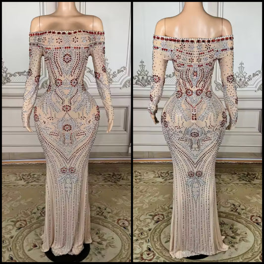Sexy Rhinestone Embellishment Off The Shoulder Full Sleeve Dress