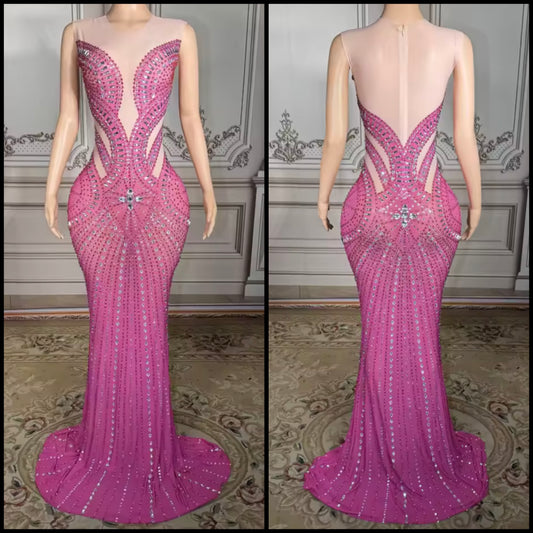 Pink Sleeveless Rhinestone Embellishment Sexy Maxi Dress