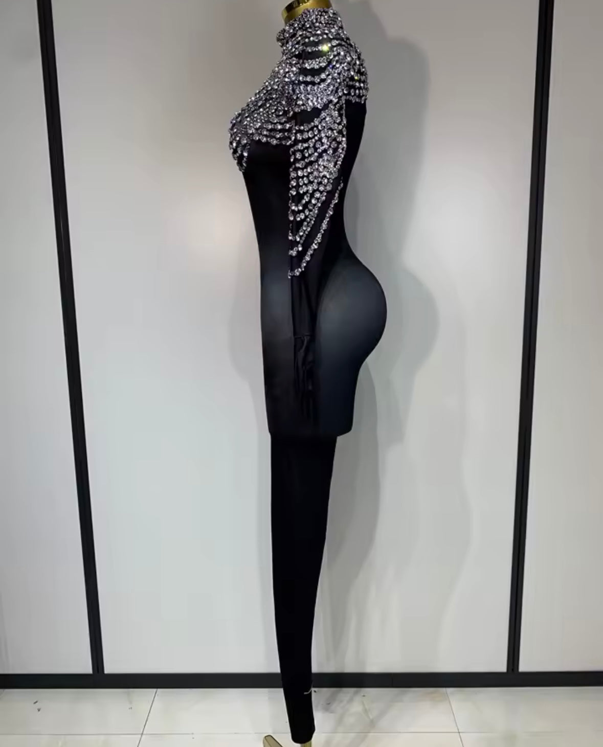Black Rhinestone Embellishment Full Sleeve Jumpsuit