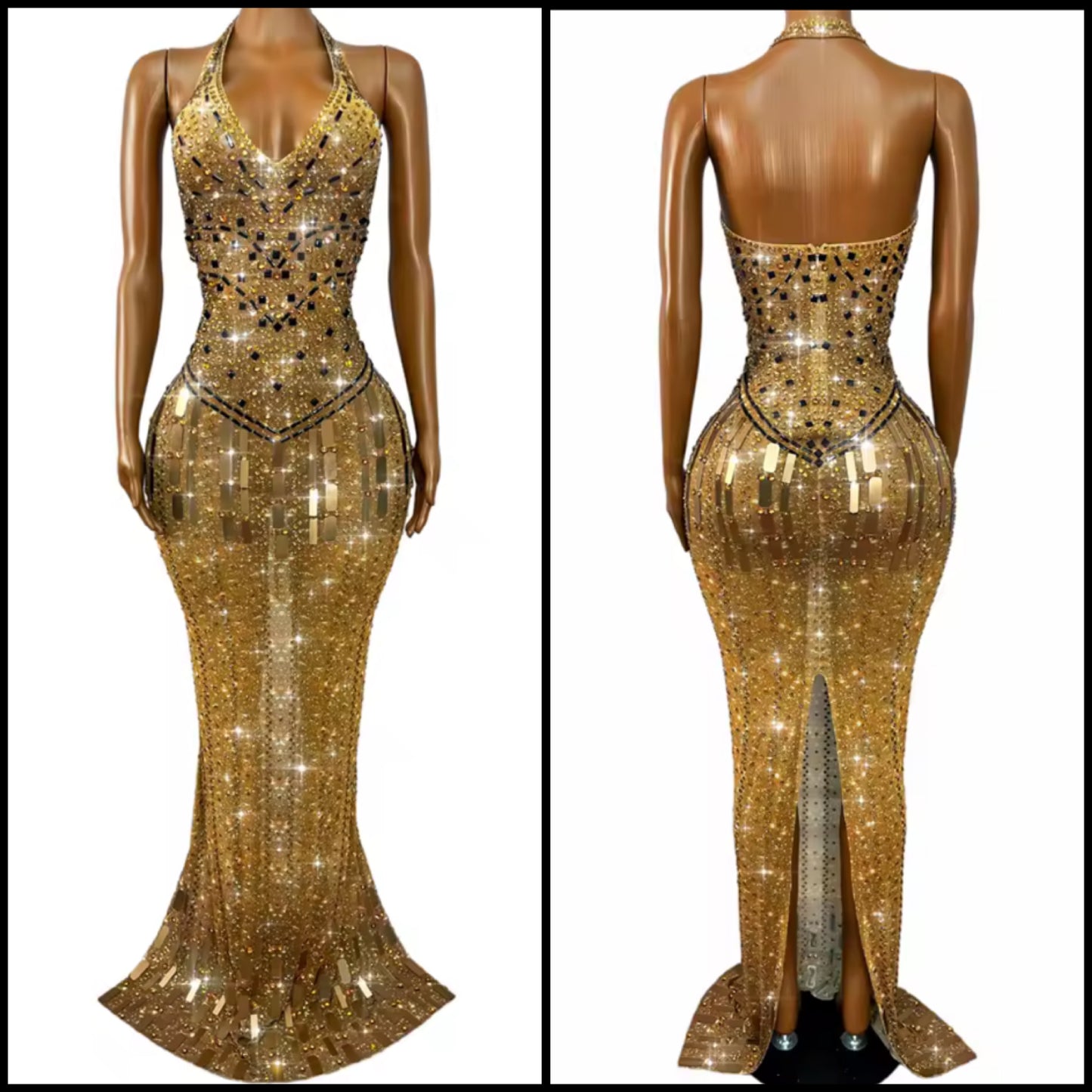 Gold Sexy Halter Sleeveless Rhinestone Floor-Length Dress