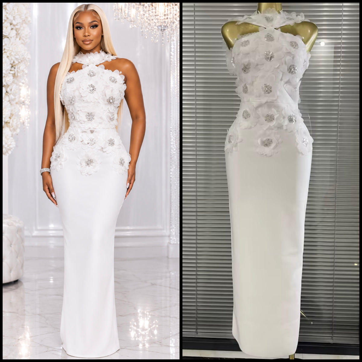 Sexy Sleeveless Floral Rhinestone Maxi Dress