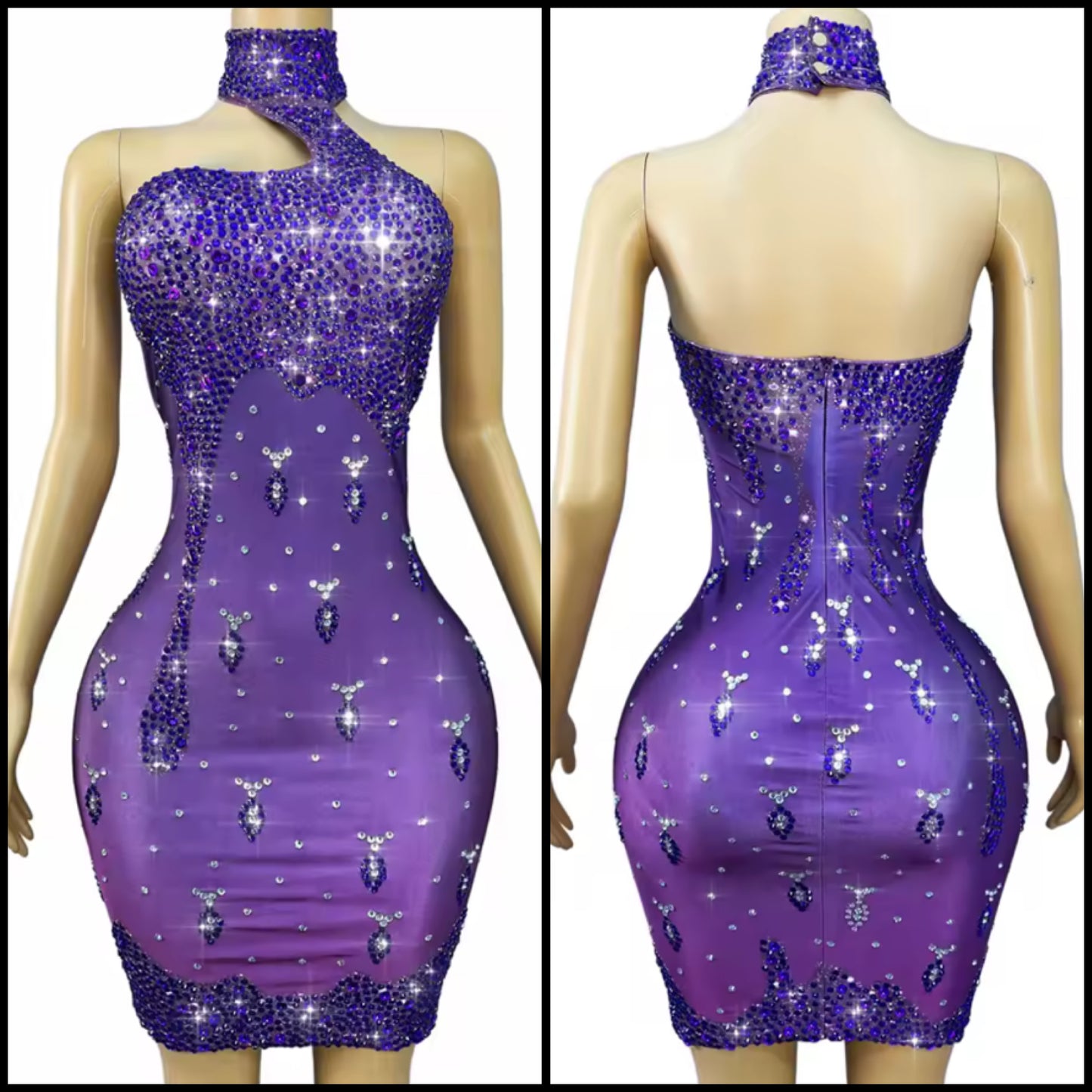 Purple Sexy Halter Sleeveless Rhinestone Dress