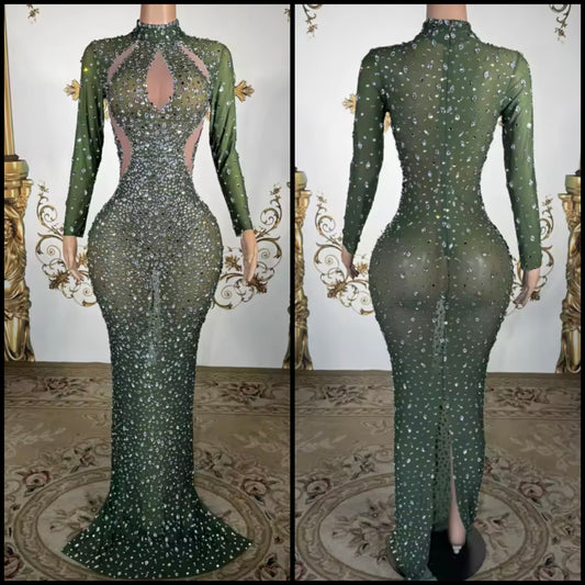 Green See Through Rhinestone Full Sleeve Mermaid Dress
