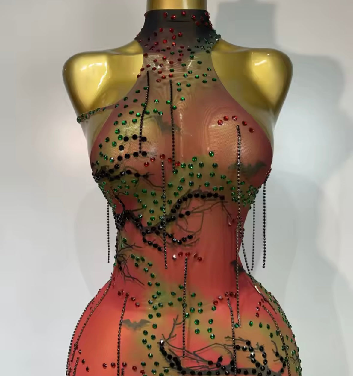 Sexy Halter Sleeveless See Through Rhinestone Dress
