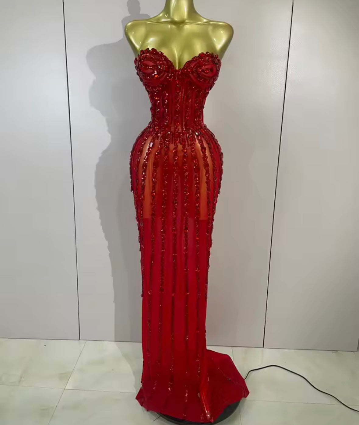 Red Sexy Strapless Crystal See Through Floor-Length Dress