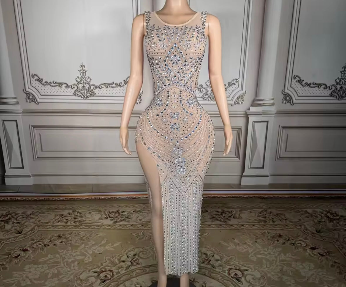 Rhinestone Embellishment Sexy Sleeveless Side Split Maxi Dress