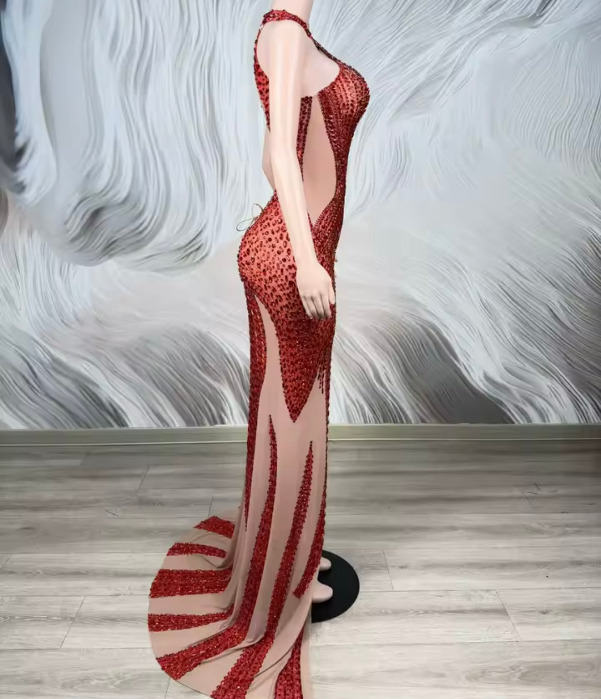 Sexy Red Halter Sleeveless Rhinestone Front Split Floor-Length Dress