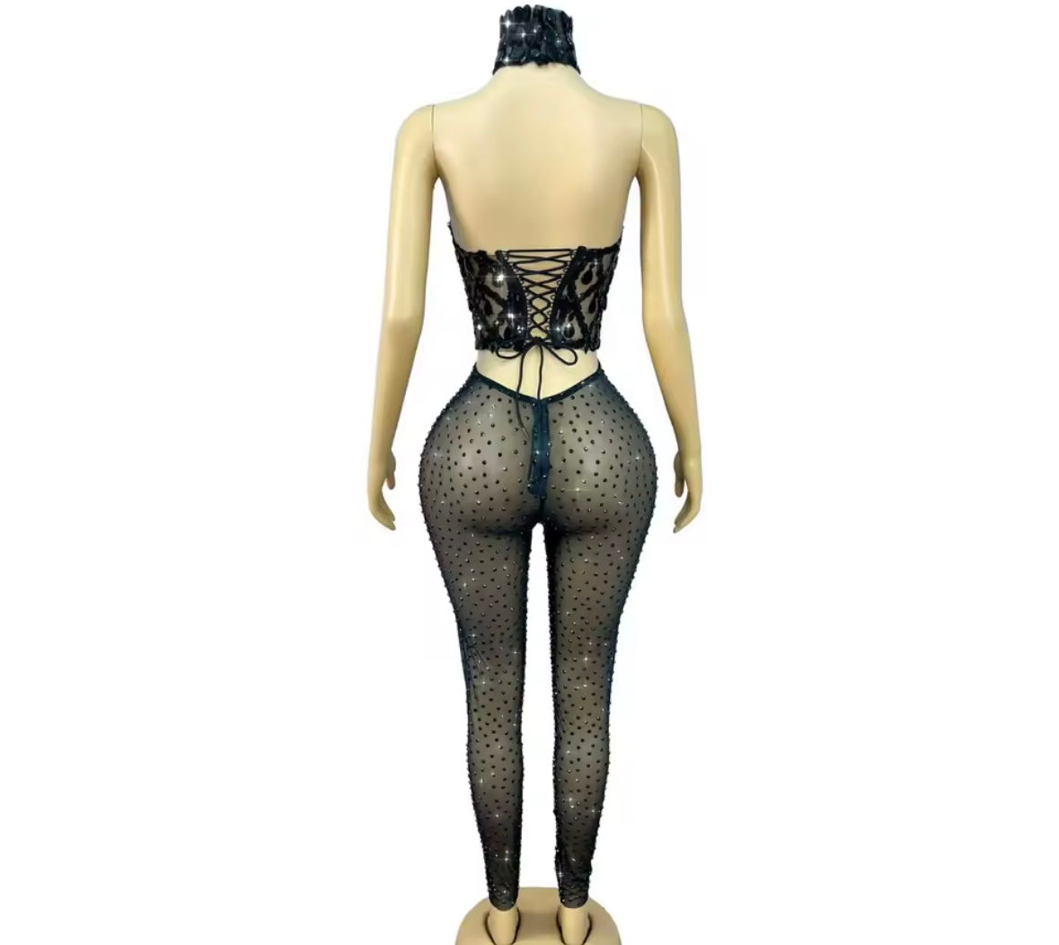 Sexy Halter Sleeveless Crystal See Through Pant Set