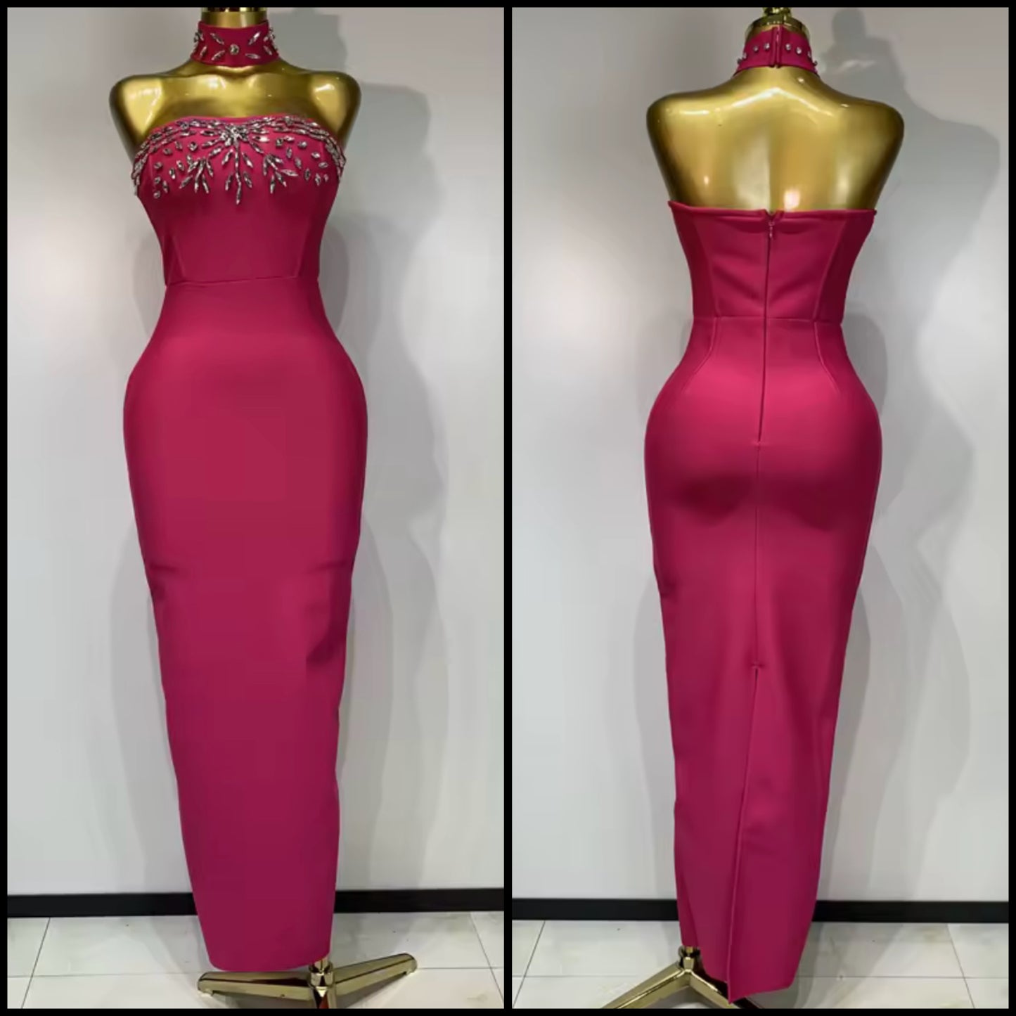Pink Choker Strapless Sexy Rhinestone Maxi Dress