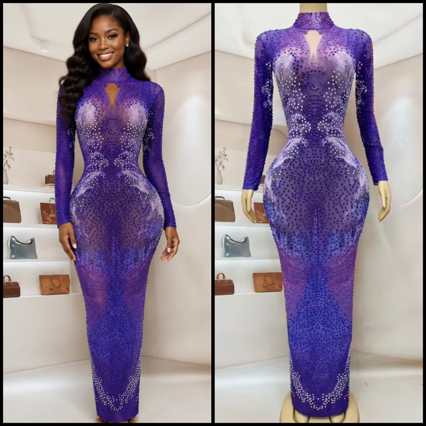 Purple Elegant Rhinestone Full Sleeve Maxi Dress