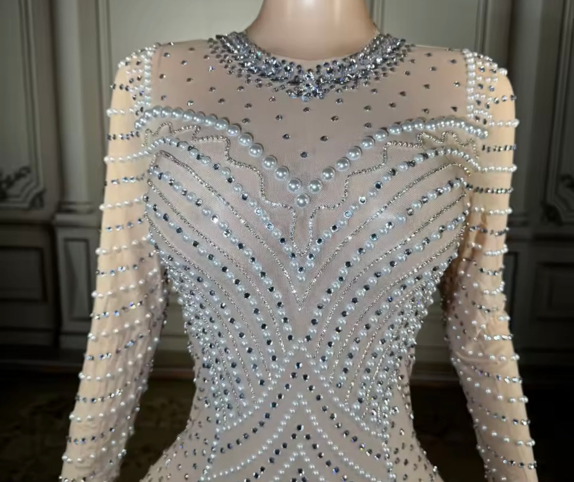 Sexy Pearl Rhinestone See Through Maxi Dress