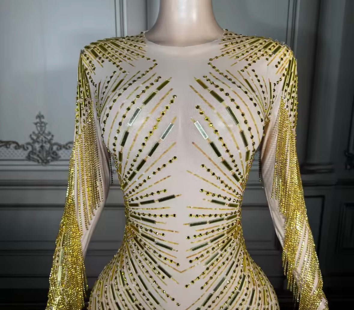 Rhinestone Embellishment Full Sleeve See Through Maxi Dress