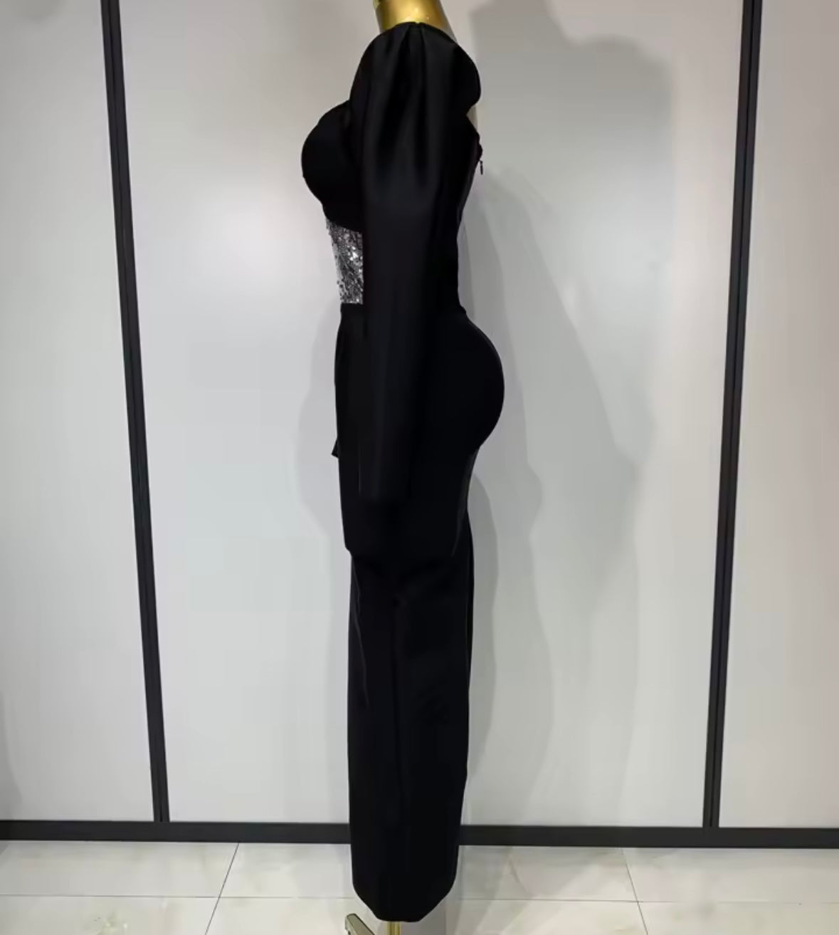 Elegant Black Sequins Patchwork Full Sleeve Maxi Dress