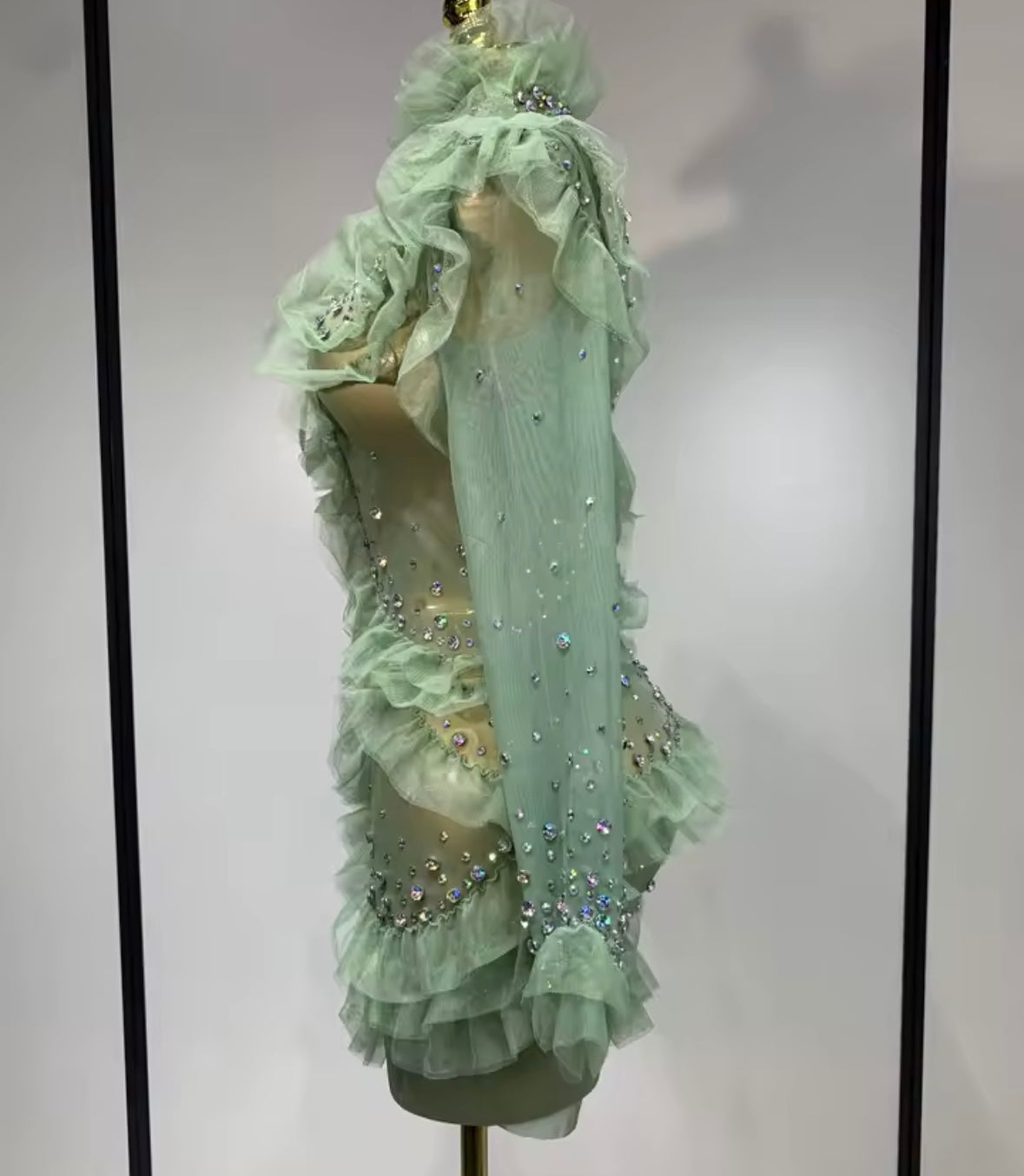 Green Sexy Ruffled See Through Full Sleeve Rhinestone Dress