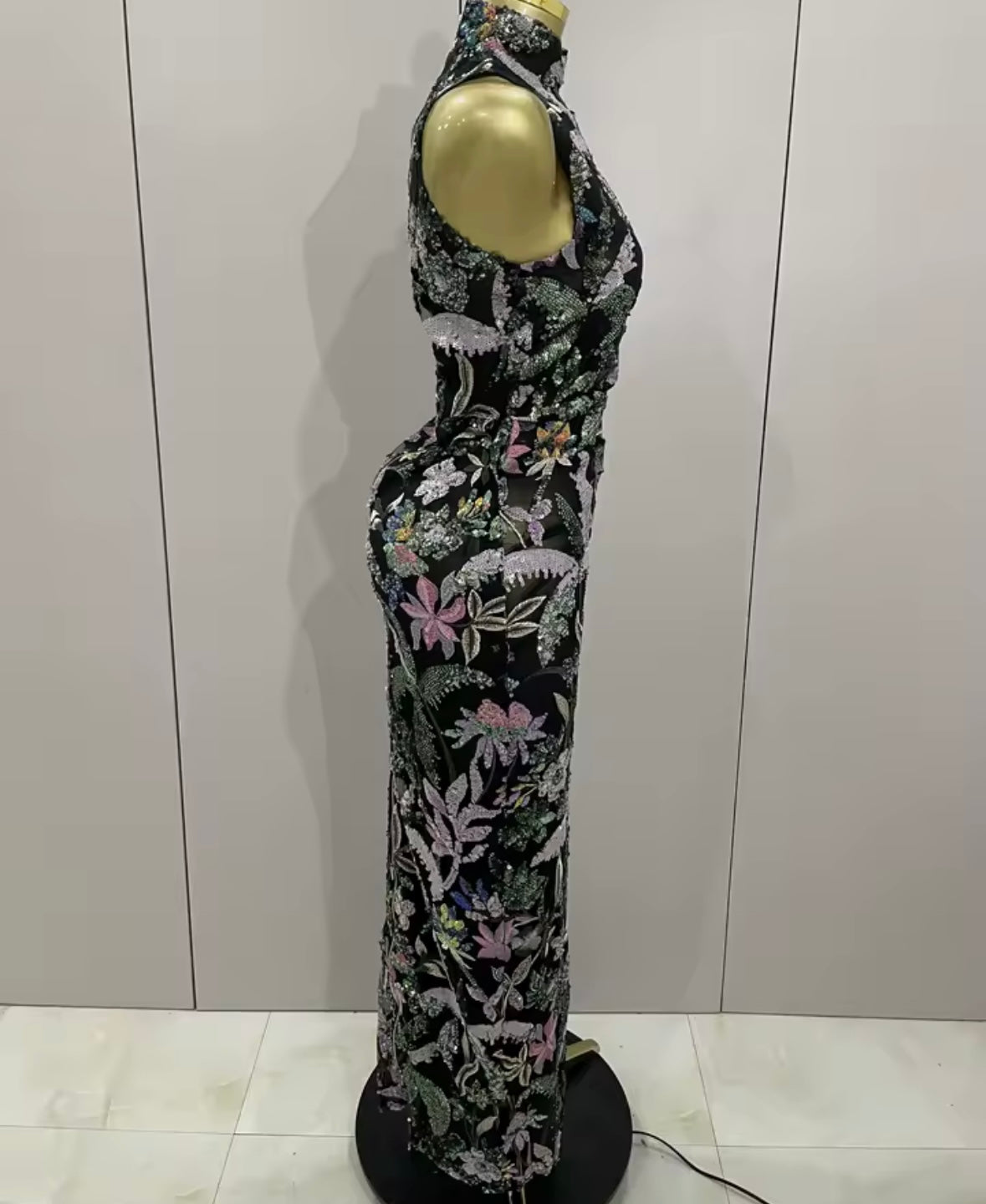Elegant Floral Embellishment Sequins Floor-Length Dress