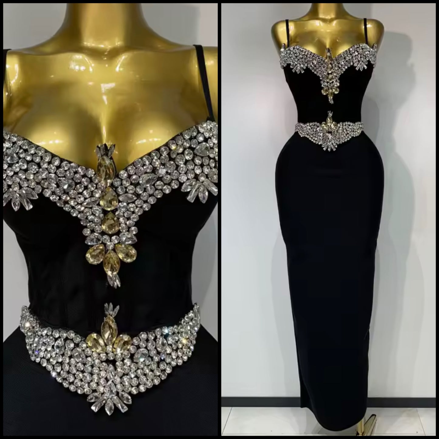 Elegant Black Floor-Length Rhinestone Embellishment Dress